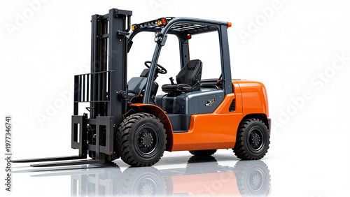 Powerful orange industrial forklift for efficient warehouse operations and heavy material handling on a reflective white background