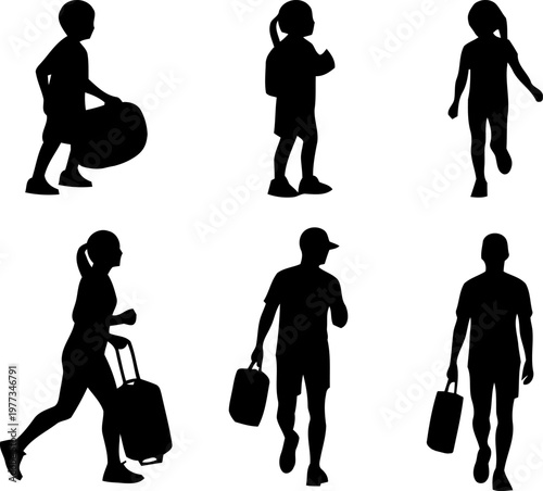 Silhouettes of people walking and carrying bags a collection of diverse figures in motion