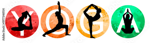 Yoga. Silhouettes of people practicing yoga. Vector illustration.