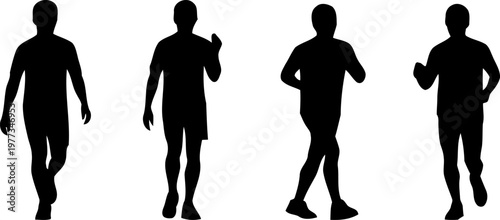 Four silhouettes of people walking a study in human form and movement depicted in black