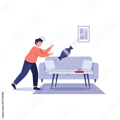 Man accidentally knocking over vase in living room.