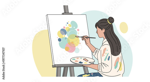 Woman painting colorful abstract art on canvas in playful vibrant lighting for creative advertising