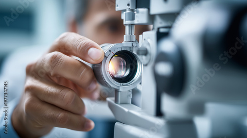 POV shot through an advanced digital phoropter looking at an abstract blurry eye chart, a hand (faceless) adjusting a high-tech dial, Aesthetic Optometry concept, sharp focus on th