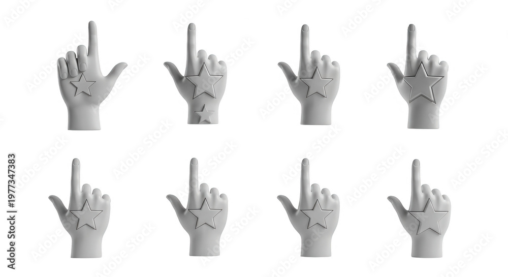 Fototapeta premium gray sculpted hands pointing upwards each with a star on a clean white backdrop concepts of choice and leadership