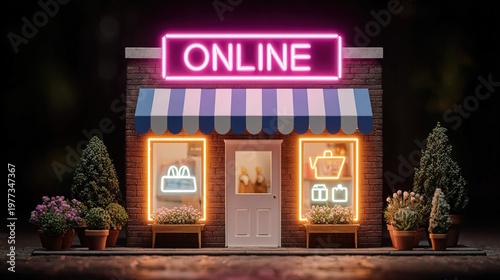 Neon Light of Online Shop Building Front with Plants and Awnings
