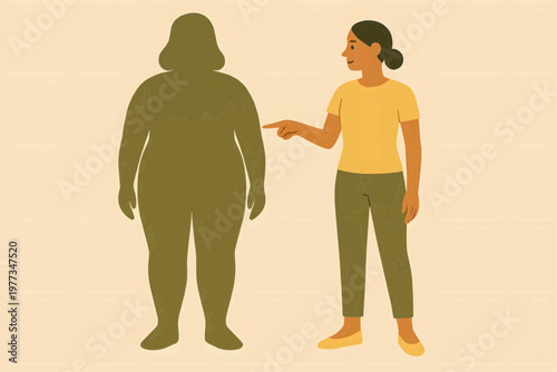 A woman bids farewell to the silhouette of her former body. Flat vector illustration.