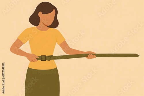 A woman shows the length of her belt after losing weight. Flat vector illustration.