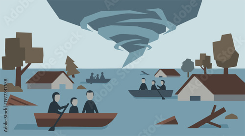 Natural disaster: flood and tornado impacting a community with people evacuating