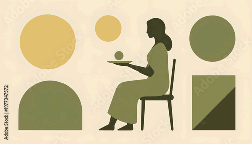 A sitting woman in a minimalist style holding a sphere on a plate. Flat vector illustration.