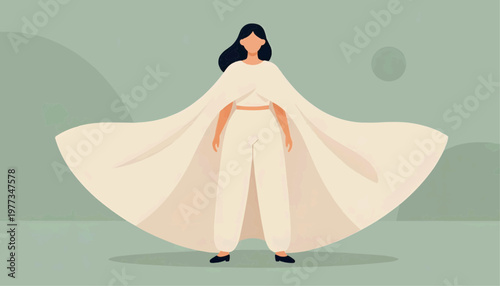 A stylized woman stands confidently in a flowing cloak on a minimalist background. Flat vector illustration.