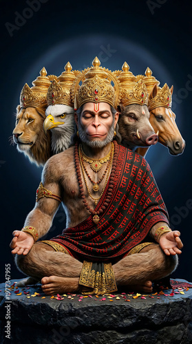 Panchamukhi Hanuman meditating, a multi-headed deity with monkey, lion, eagle, boar, and horse heads, adorned with traditional jewelry and a red cloth, seated on a rock.