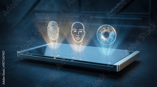 A futuristic glass tablet projects bright holographic icons representing biometric security authentication methods including a fingerprint scan, a human face silhouette, and a detailed iris eye scan.