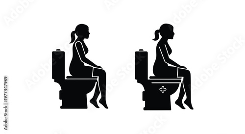 Two women seated on toilets depicted in a stark black silhouette