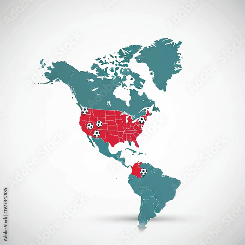 A minimalist map of North America highlighting the USA, Canada, and Mexico with small stylized soccer ball icons on a clean white background, bright studio lighting effect, festive but clean