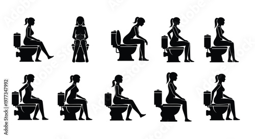 Women sitting on toilets in a row simple black graphic silhouette
