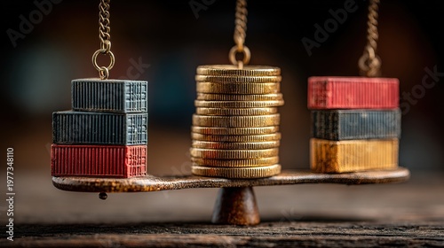 Conceptual Still Life of Trade Balance with Miniature Containers and Coins