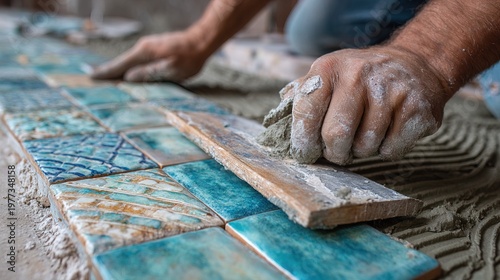 Close-up Artisan Crafted Ceramic Tile Installation With Manual Hand Tool