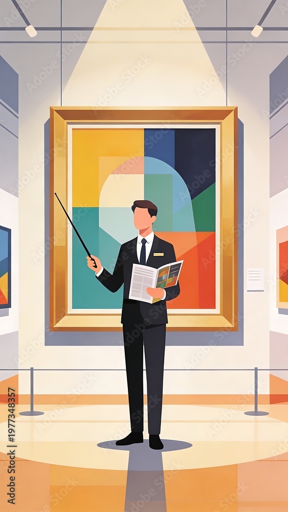 Fototapeta premium Generative Ai showcases a curator presenting an abstract artwork in a modern gallery