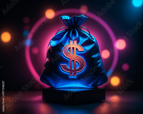 A glowing blue money bag with a glowing dollar sign sits on a black plinth, illuminated by a neon ring against an abstract dark background with soft bokeh