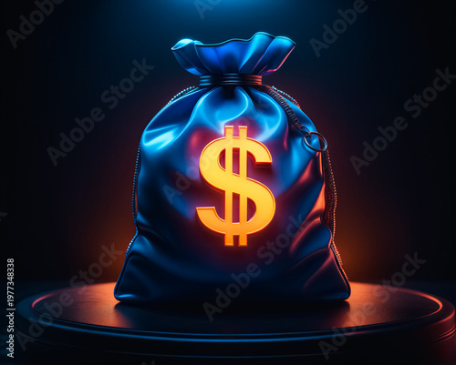 A glowing blue money bag with a glowing dollar sign sits on a black plinth, illuminated by a neon ring against an abstract dark background with soft bokeh