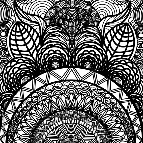 This black-and-white mandala design features an intricate symmetrical composition, dominated by a semicircular shape at the bottom filled with various geometric and organic patterns. The entire desig