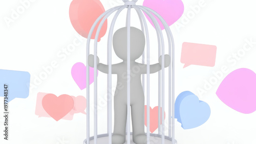 AI-Generated 3D pastel scene of a figure in a cage with hearts and chat bubbles, symbolizing digital love addiction arts