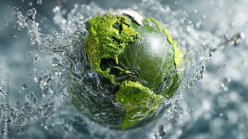 Detailed Rendering Earth Globe Covered in Green Moss with Water Splash
