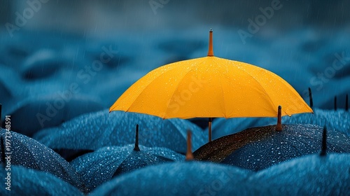 Bright Standout Umbrella in Rainy Weather with Dark Blue Contrast