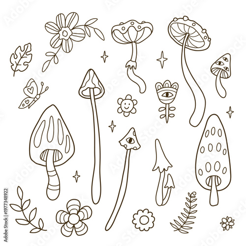 Mushrooms line art vector illustration on white background. Trippy fungi outline set. Perfect for coloring pages, posters, stickers, prints.