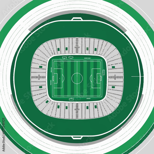 An abstract overhead view of a soccer stadium rendered in simple concentric circles and squares. Minimalist aesthetic using only green, white, and grey. Sharp architectural lines, no complex