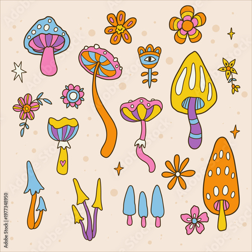 Colorful dopamine mushrooms seamless pattern vector illustration. Playful psychedelic fungi line art. Perfect for fabric, wallpaper, packaging, wrapping paper.