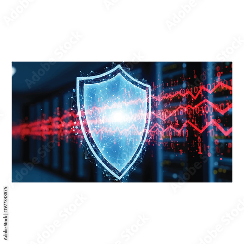 Advanced cybersecurity shield protecting networks, detecting threats, preventing breaches, ensuring data integrity
