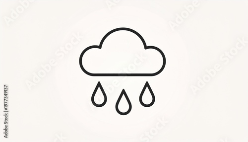 Minimal rain cloud line icon with raindrops, simple black outline weather symbol isolated on clean background