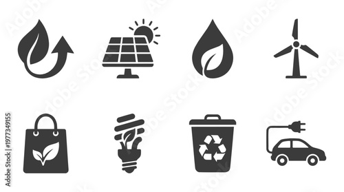 Premium Sustainability and Eco-Friendly Solid Glyph Icon Set. Essential renewable energy, recycling, and green technology vector symbols for clean business UI design.