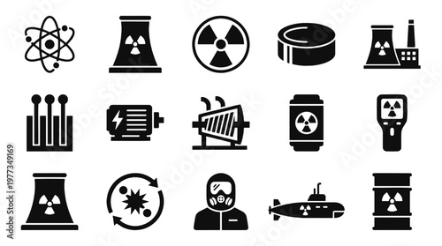 Premium Nuclear Energy and Radiation Solid Icon Set. Essential atomic power, reactor infrastructure, and safety vector symbols for UI design and tech infographics.