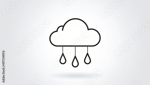 Minimal rain cloud line icon with raindrops, simple black outline weather symbol isolated on clean background