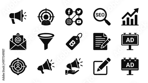 Premium Digital Marketing and Advertising Solid Glyph Icon Set. Essential SEO, social media, and analytics vector symbols for commercial UI design and strategic campaigns.