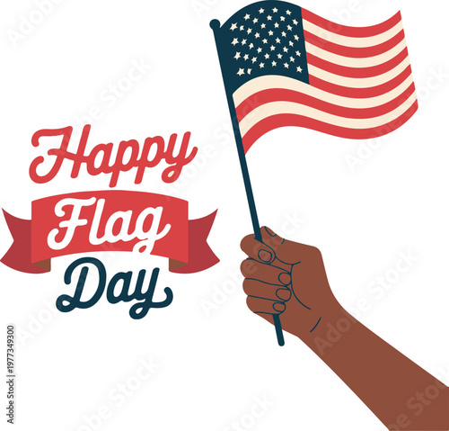 Happy Flag Day June 14 Poster with waving american flag shape vector. American flag isolated on a blue background.