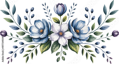 Watercolor blue flower bouquet, illustration, decorative floral arrangement on transparent background featuring hand painted blue flowers for design and craft projects.