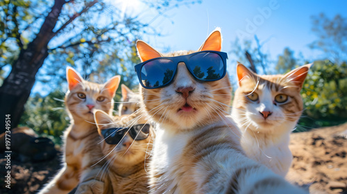 A Group of five funny cats taking selfie together