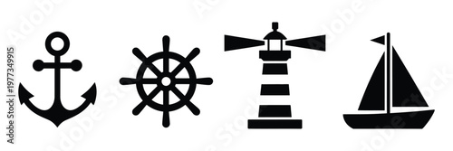 Nautical, symbols anchor, ship wheel, lighthouse, sailboat vector illustration set, representing marine navigation, sea travel, adventure, ocean exploration, boating, maritime journey, sailing, flat 