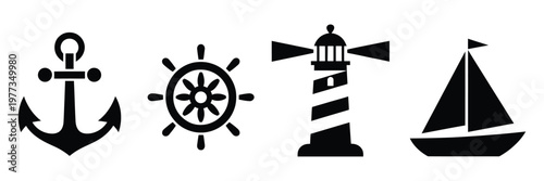 Nautical, marine vector icons including anchor, ship wheel, lighthouse, sailboat, navigation symbols, representing ocean travel, maritime adventure, boating, sailing, exploration, vector illustration 
