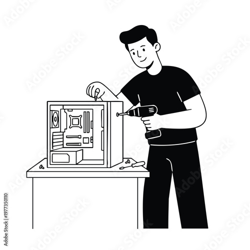 Man assembling a computer with a drill.