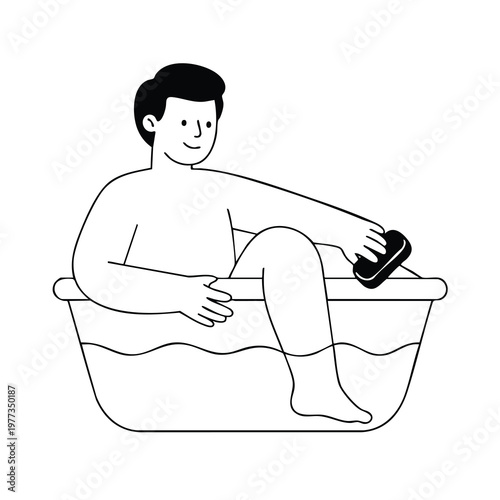 Man bathing in bathtub with sponge.