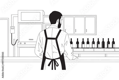 A solitary figure with a backpack stands before a kitchen counter with wine bottles