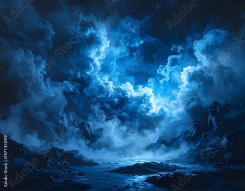 Ethereal blue clouds swirl above a dark, rocky terrain near a body of water, creating a mystical landscape