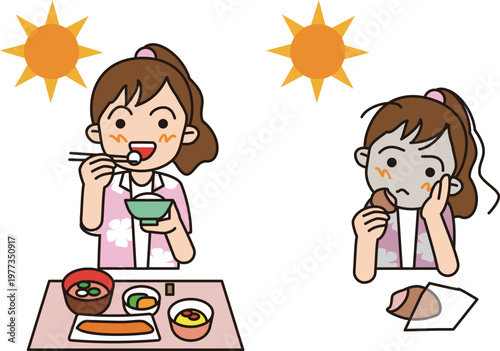 小学生の朝食。バランスの良い和食と菓子パンだけの食事をする女の子のイラスト。