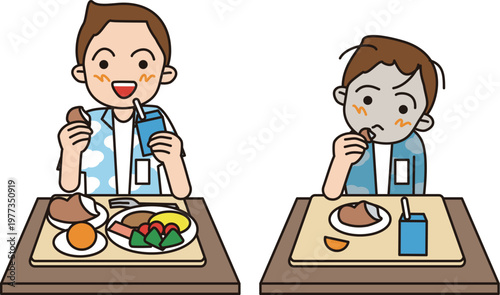 小学生の給食。バランスの良い給食とパンと牛乳だけの給食を食べる男子のイラスト。