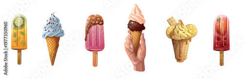 Different types of ice cream cones and popsicles arranged in a row on a white background
