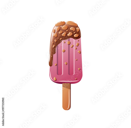 Colorful popsicle with chocolate topping and nuts on a stick in a fun summer treat setting